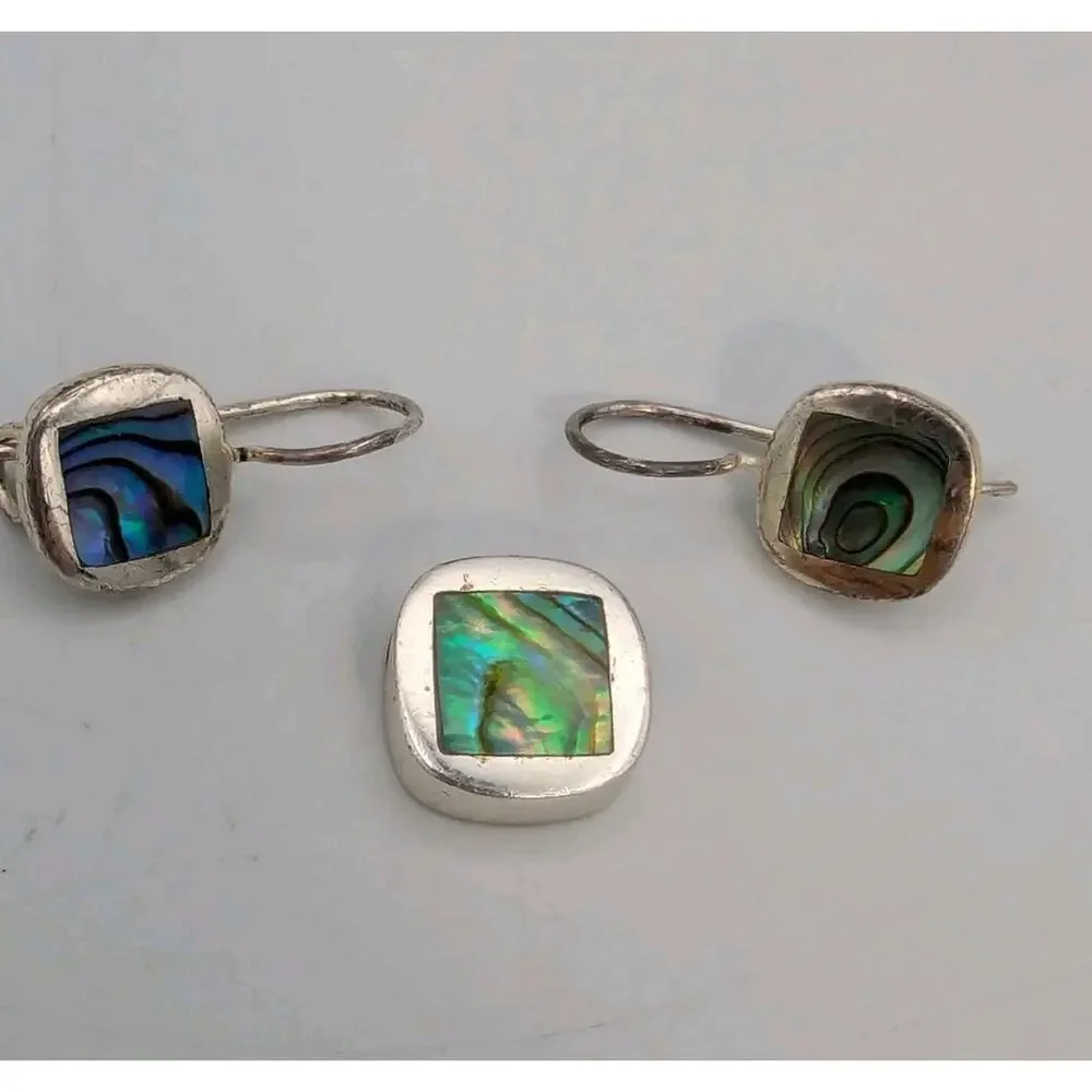 Vintage Sterling Silver Abalone Square Shaped Earring & Pendant Set